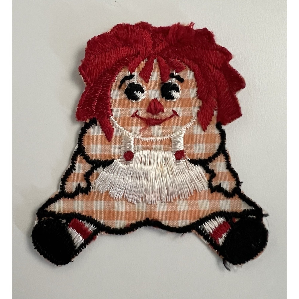 Vintage Embroidered Patch Raggedy Ann Rag Doll Gingham Applique Retro Sew On 70s